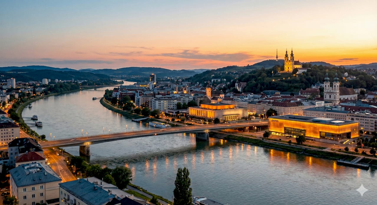 Linzer Donauufer mit Lentos Kunstmuseum, Brucknerhaus und Pöstlingberg bei Sonnenuntergang – KI-Telefonassistent für Hausverwaltungen in Linz und Oberösterreich