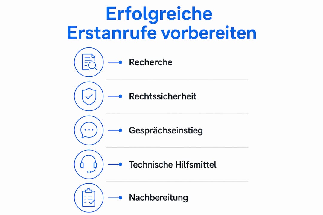 Infografik mit fünf Schritten für erfolgreiche Erstanrufe: Recherche, Rechtssicherheit, Gesprächseinstieg, technische Hilfsmittel, Nachbereitung