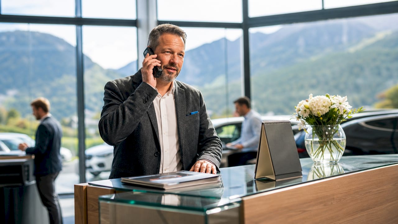 Autohaus-Verkaufsleiter telefoniert am modernen Empfangstresen mit Bergblick im Hintergrund