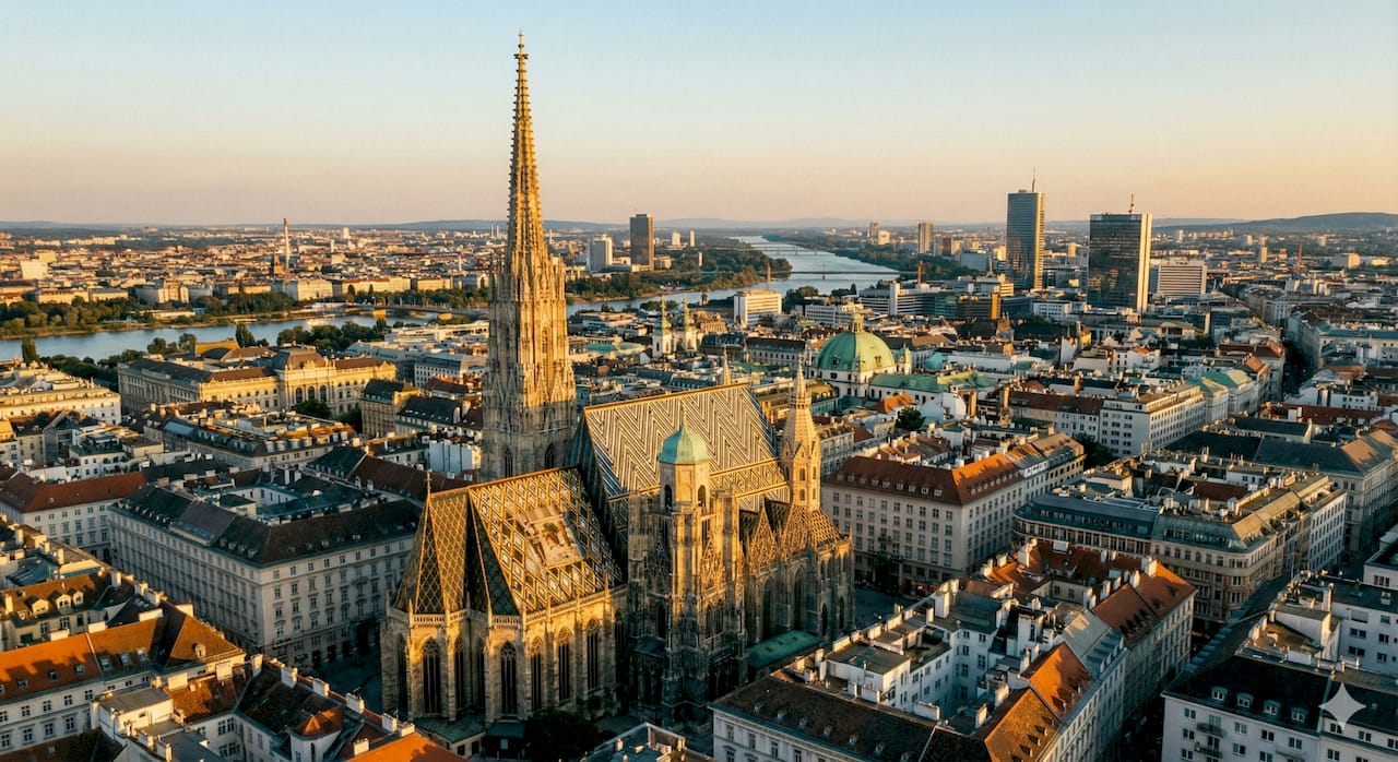 Stephansdom in der Wiener Innenstadt aus der Vogelperspektive bei Abendlicht – KI-Telefonassistent für Hausverwaltungen in Wien