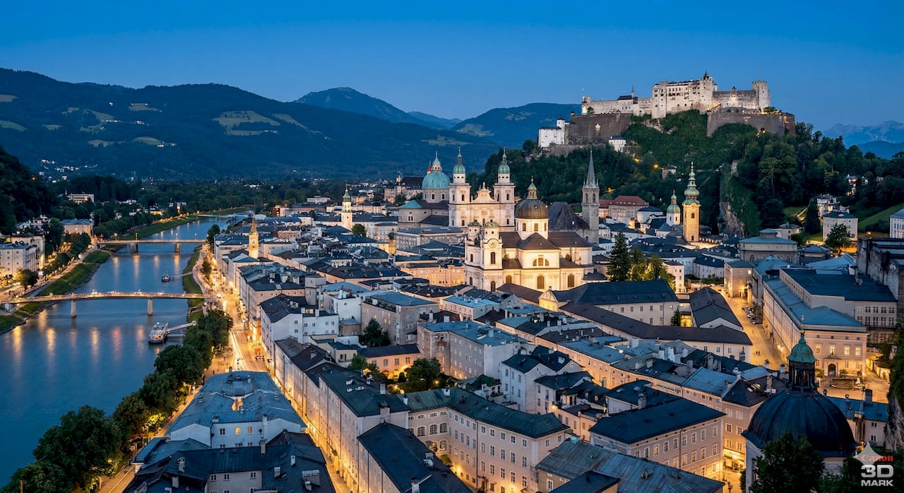 Salzburger Altstadt mit Dom, Kollegienkirche und Festung Hohensalzburg in der blauen Stunde – KI-Telefonassistent für Hausverwaltungen in Salzburg