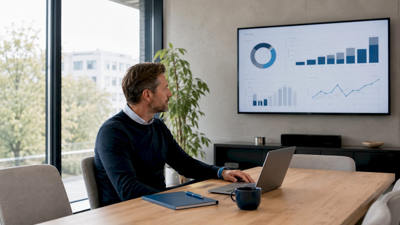 Manager wertet Dashboards mit Kennzahlen am Bildschirm aus