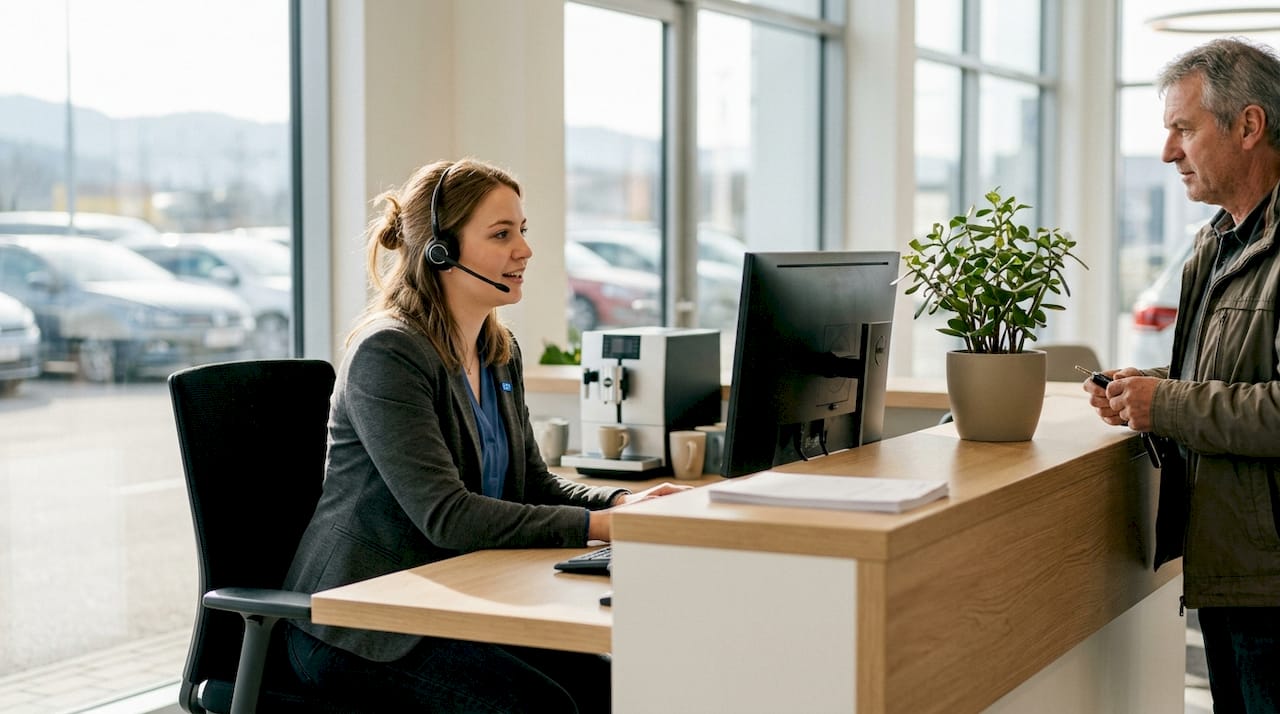 Service-Mitarbeiterin mit Headset bucht am Empfangstresen einen Werkstatttermin für einen Kunden