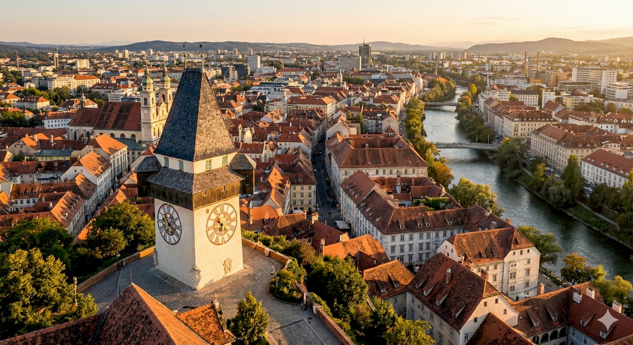 Grazer Uhrturm am Schlossberg über der Altstadt und Mur im warmen Abendlicht – KI-Telefonassistent für Hausverwaltungen in Graz und der Steiermark