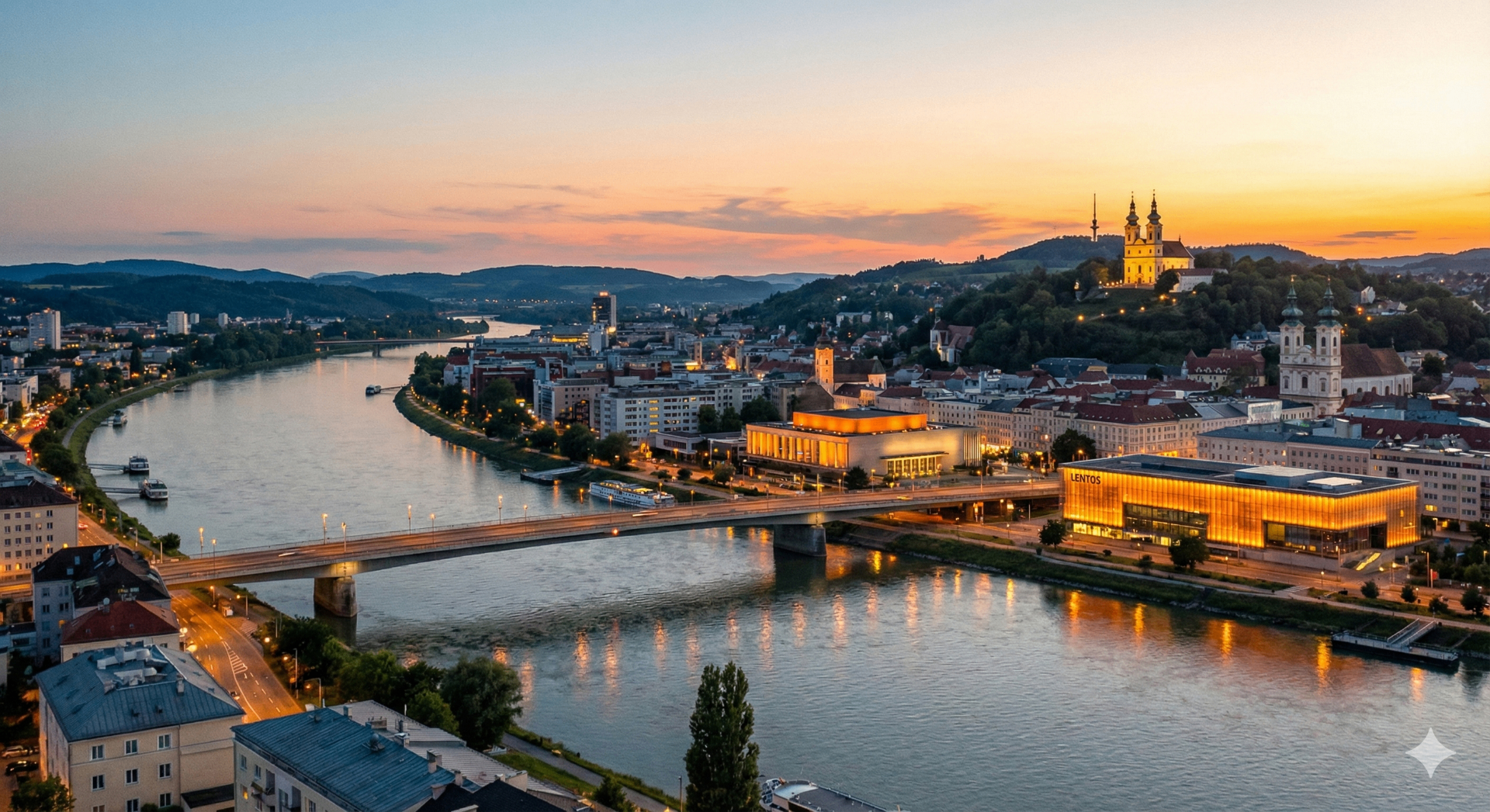 Panorama von Linz an der Donau mit Lentos Kunstmuseum und Pöstlingberg bei Sonnenuntergang – automatisierte Immobilienverwaltung in Oberösterreich